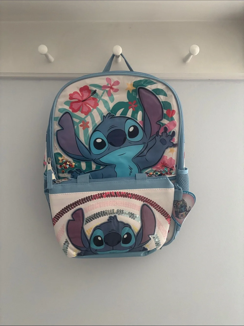 Disney Light Blue Stitch Kids Backpack with Floral Print